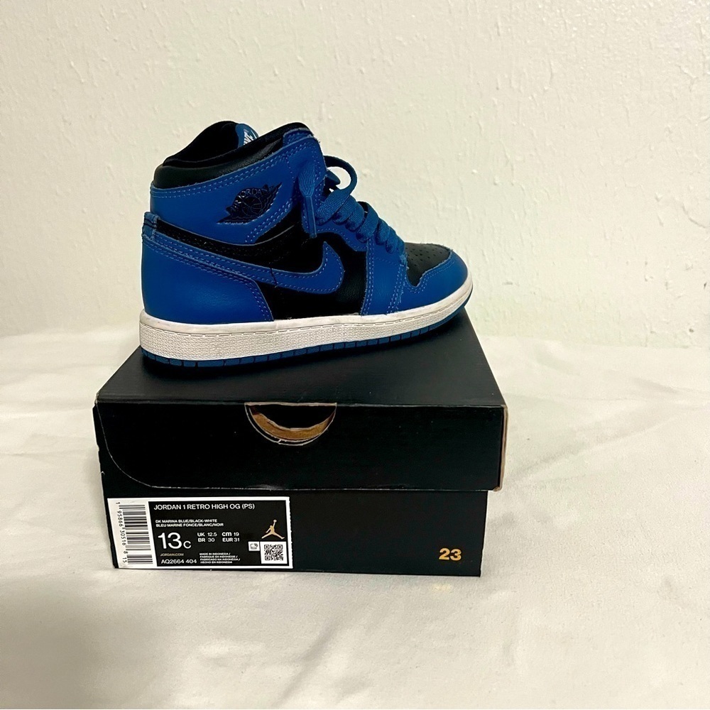 Jordan Air 1 Retro High OG (PS) 13c ‘Dark Marina Blue' Blk/Wht AQ2665-404 EUC